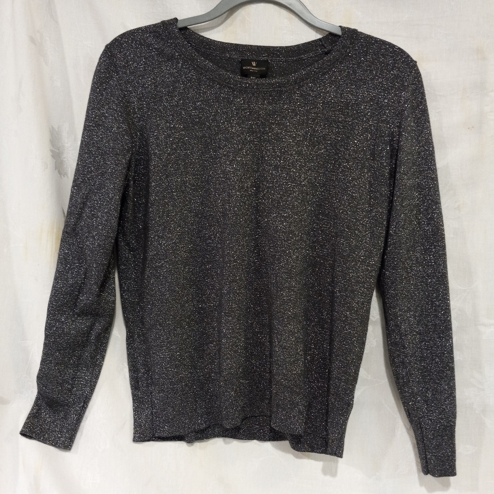 Worthington PXL women's long sleeve metallic gray glitter top